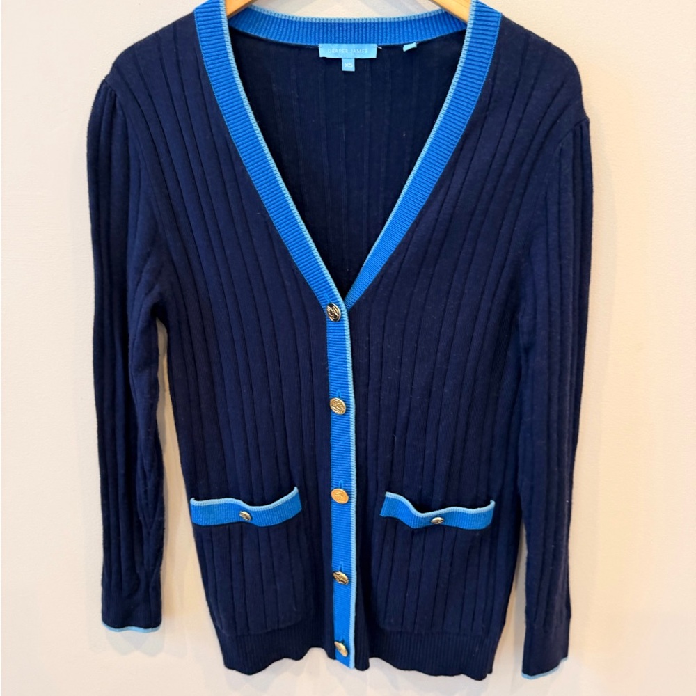 Draper‎ James Navy Ribbed Cardigan Blue Trim Gold Buttons XS